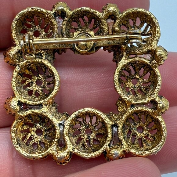 Vintage Square Gold Tone Filigree Brooch Pin Faux Mini Pearls - Picture 4 of 10